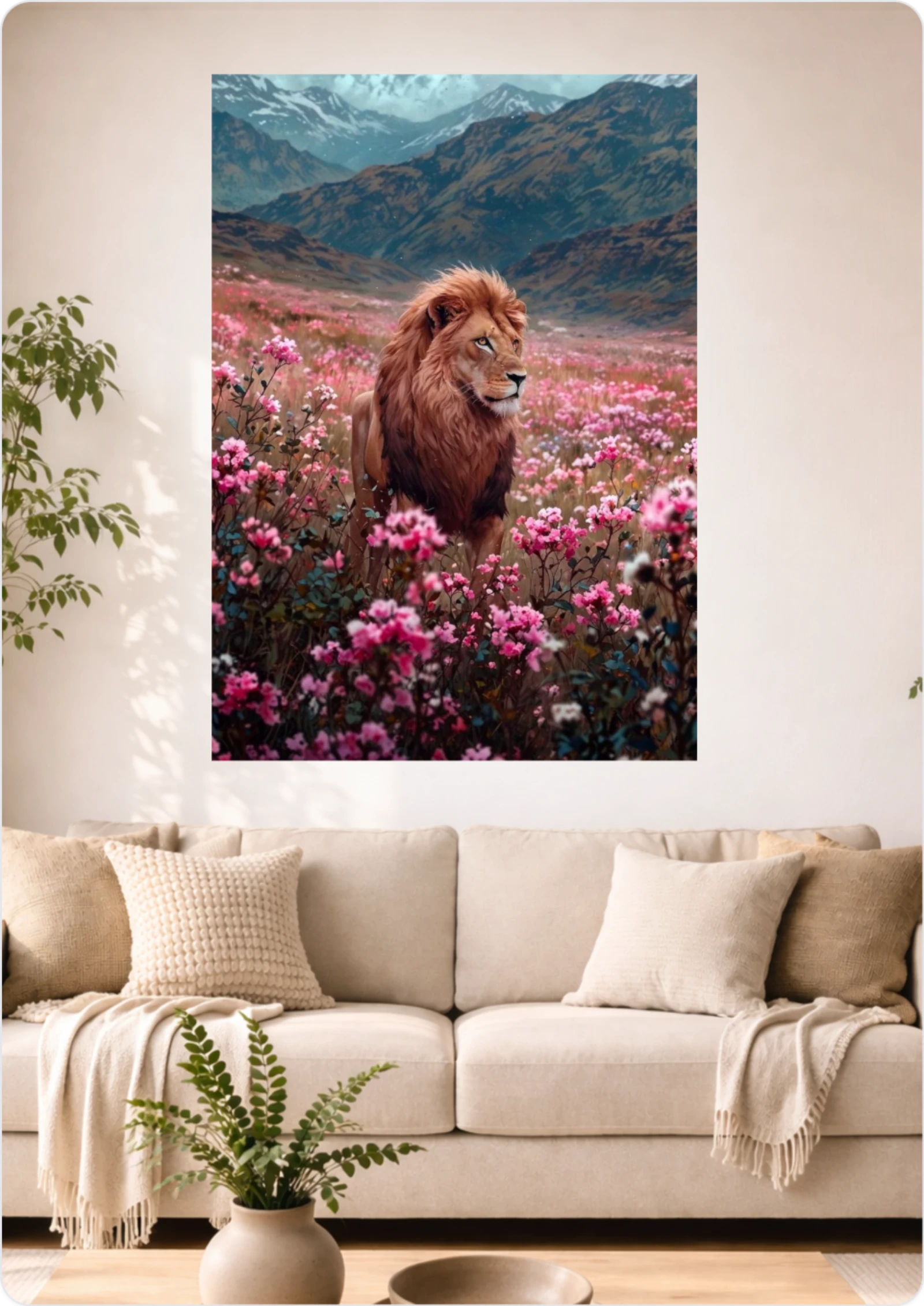 Affiche Lion dans un Champ de Fleurs Roses A3 Sans Cadre – Poster Nature Sauvage et Paysage Montagnard